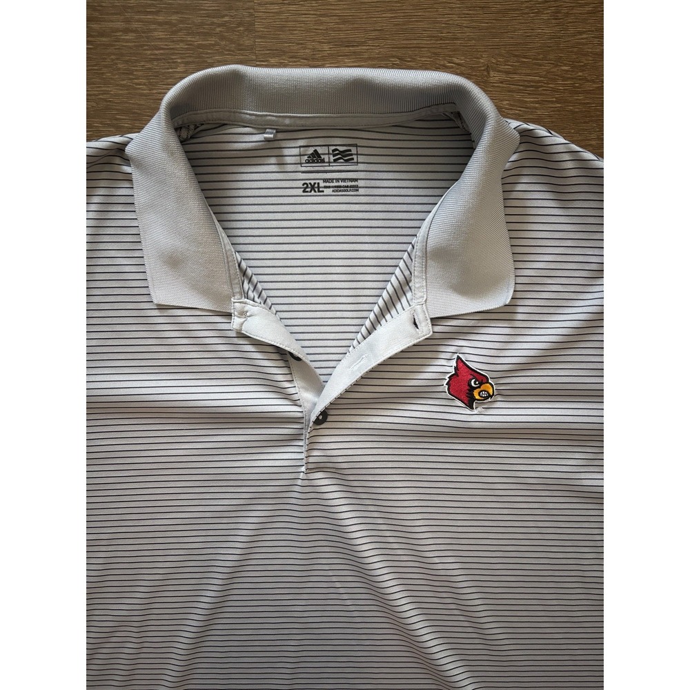 Adidas Louisville Cardinals Golf Stretch‎ Polo Shirt Mens 2XL Gray/White Striped